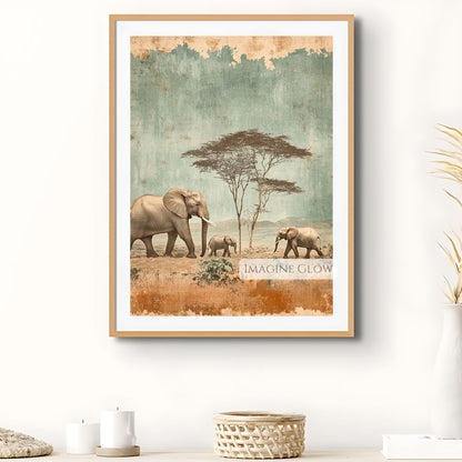 Rustic elephant family artwork in a savanna setting.
