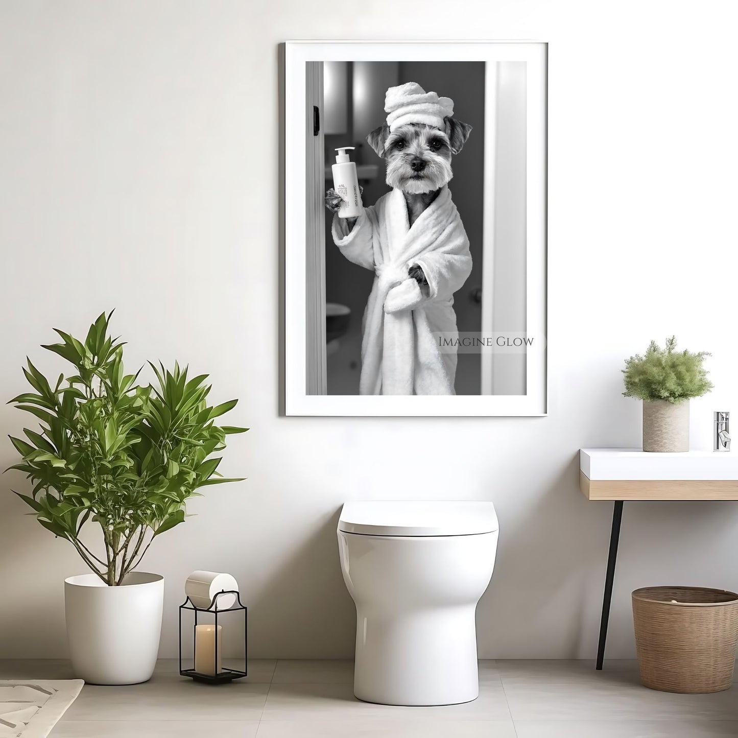 Quirky dog art with a Schnauzer in the bathroom
