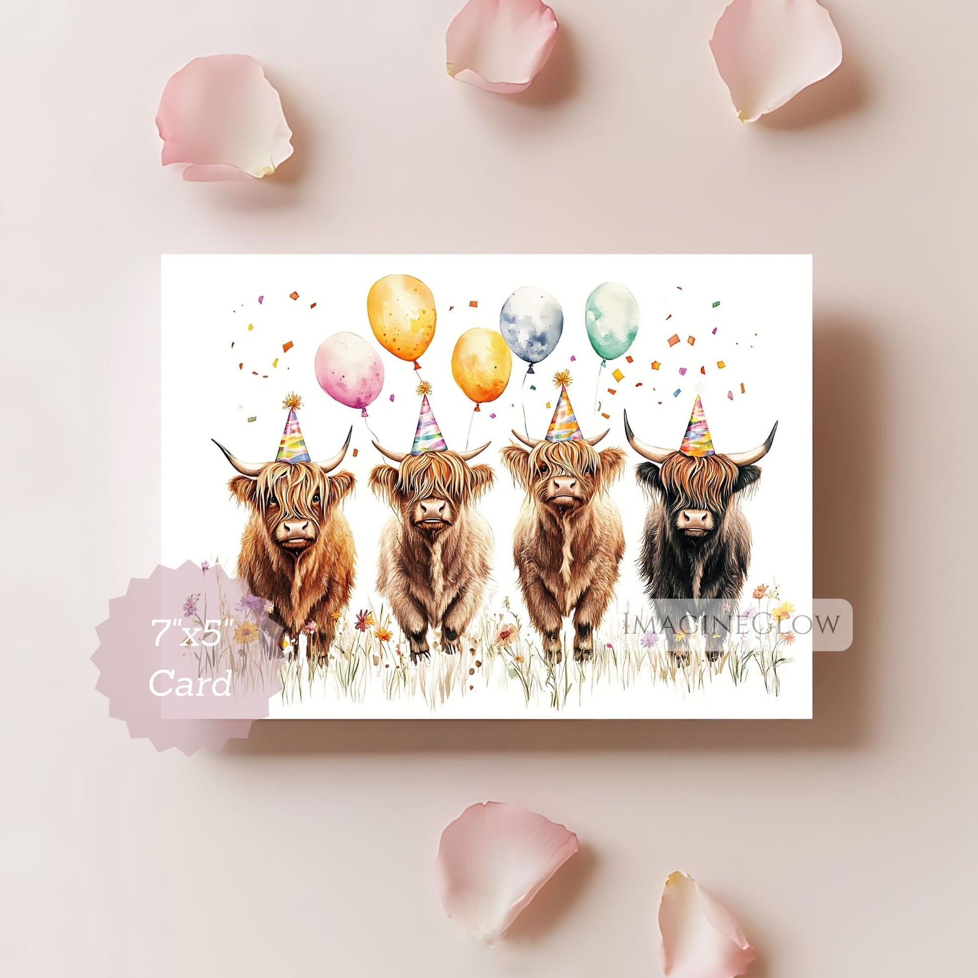 Card with four highland cows wearing party hats and balloons on a light pink background.