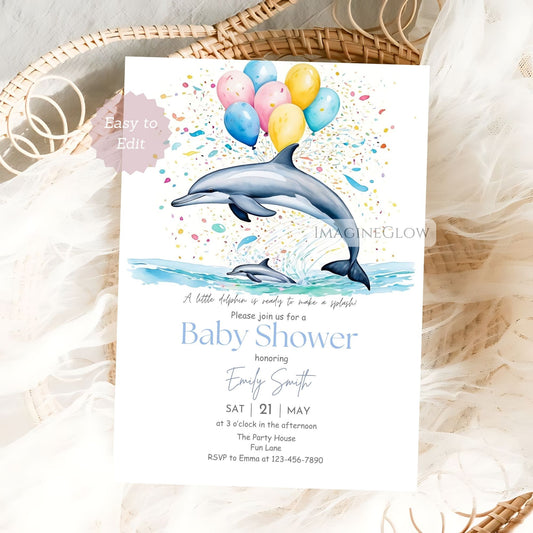 mom and baby dolphin baby shower invitation
