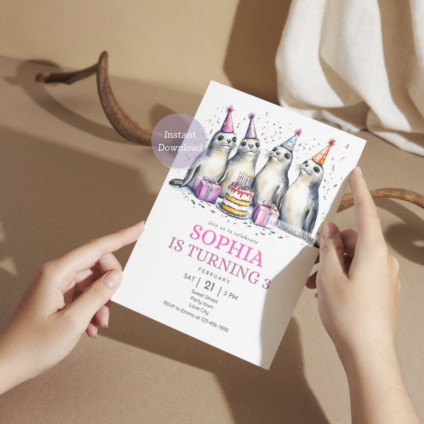 Seal Birthday Invitation - Cute Ocean Animal Party Invite Template