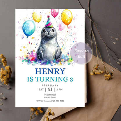 Seal party invitation for a fun ocean-themed kids birthday.
Under-the-sea themed kids birthday invite featuring a seal.