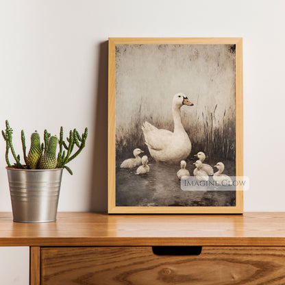 Goose family in pond - vintage rural art print
