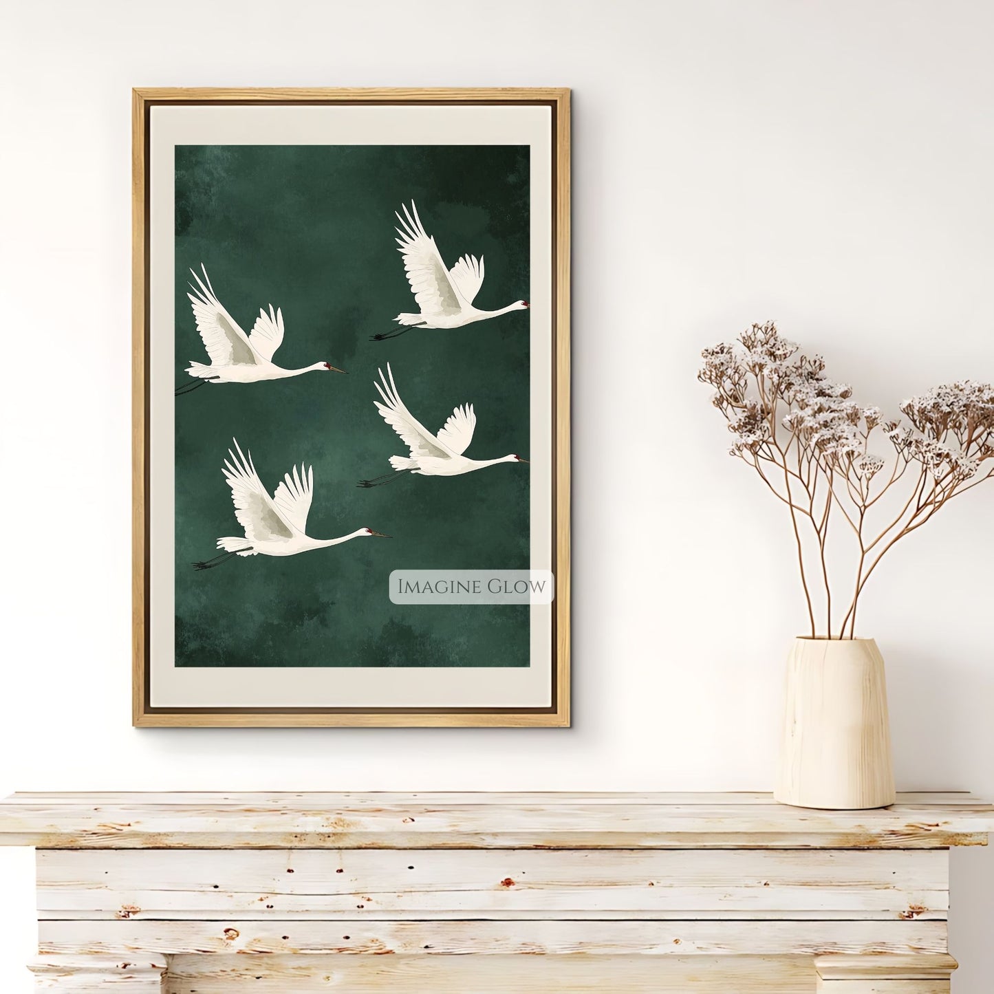 Minimalist and Japandi-style crane art print.

