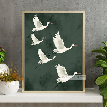 Japandi wall art with graceful birds on a green backdrop.
