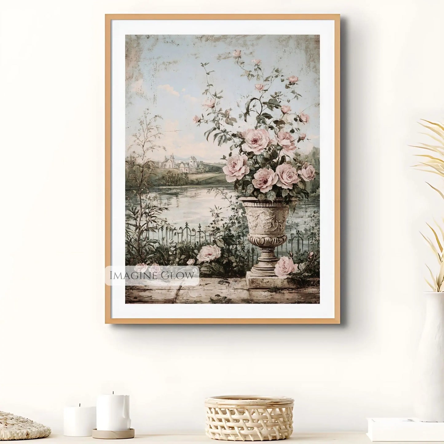 Tranquil vintage-inspired lake and flower wall art.
