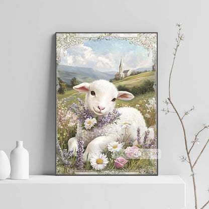 Gentle lamb and meadow springtime art print.