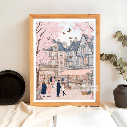 Whimsical spring town illustration with floral-lined streets.
