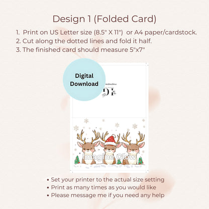 Festive set of 4 reindeer Christmas cards for holiday celebrations