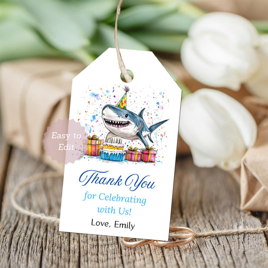 shark favor tags printable digital
editable shark birthday party favor tag
