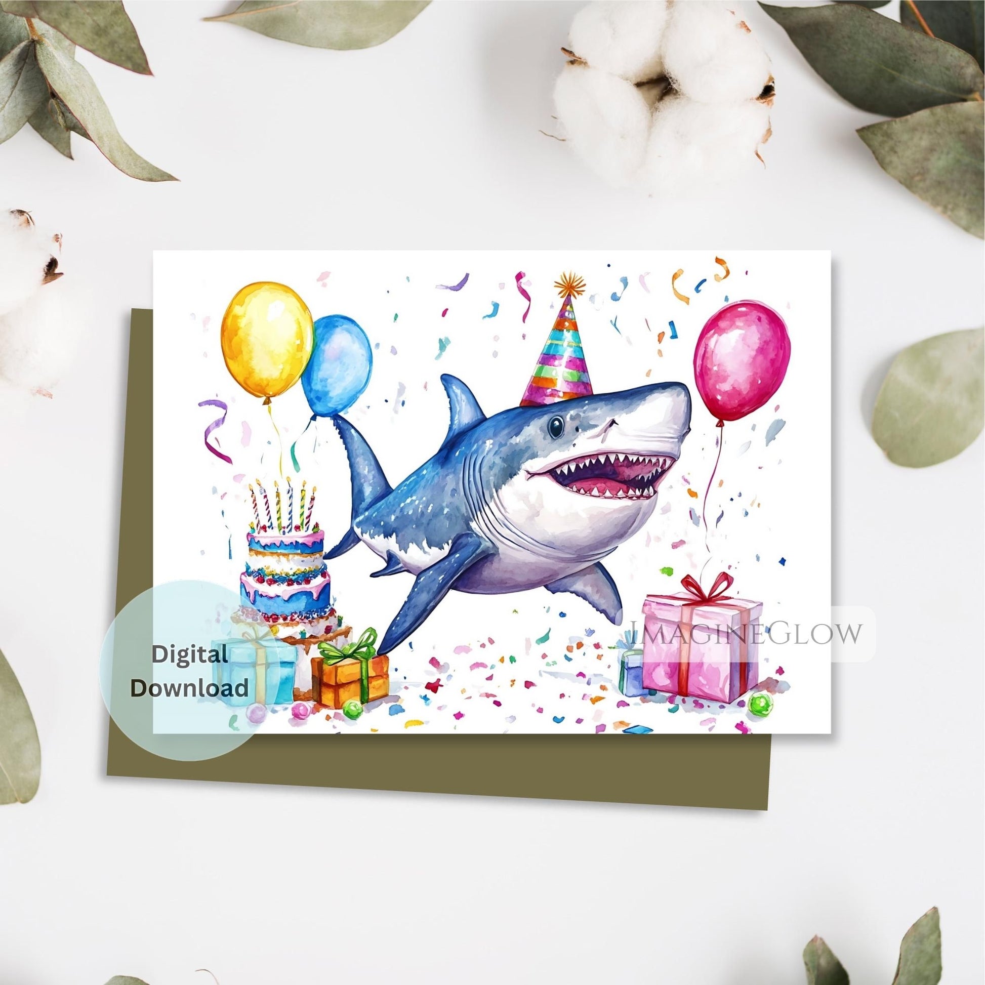 Birthday card with a shark, balloons, and cake on a white background