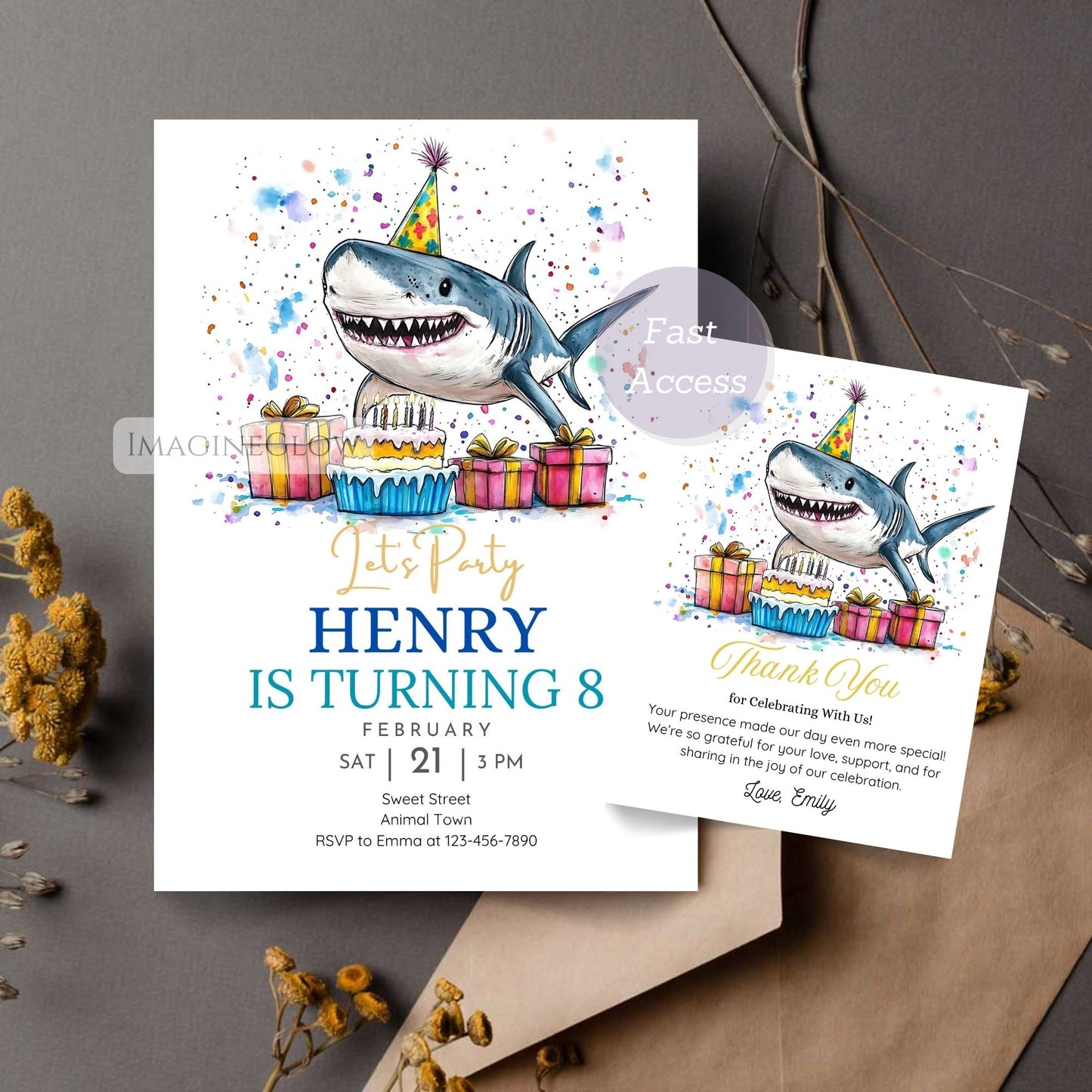 Shark party invite and thank you card set printable
Under the sea shark birthday party invitation and card