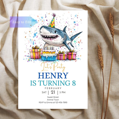 Customizable shark party invite for kids’ birthday parties.
