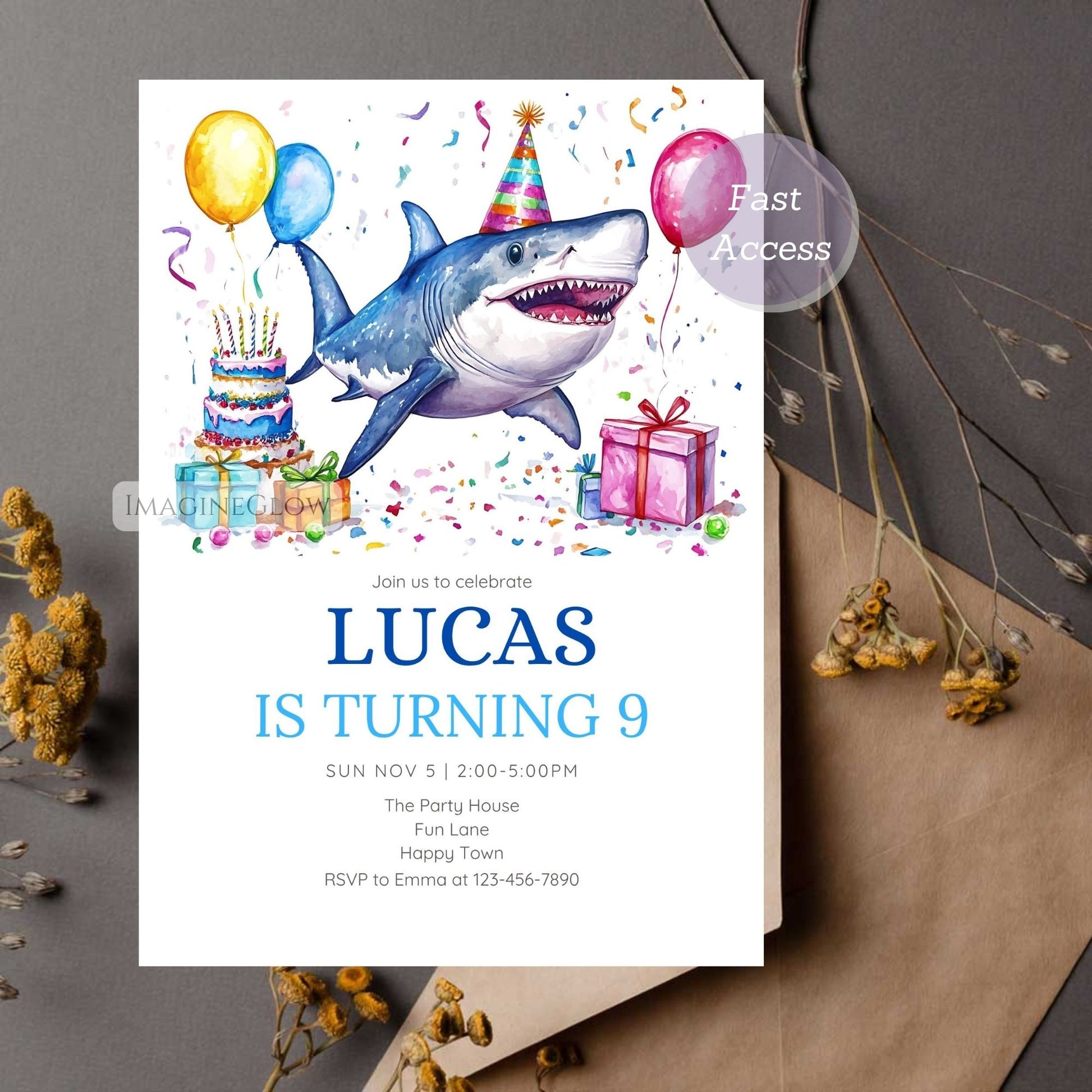 Digital shark birthday invite template
