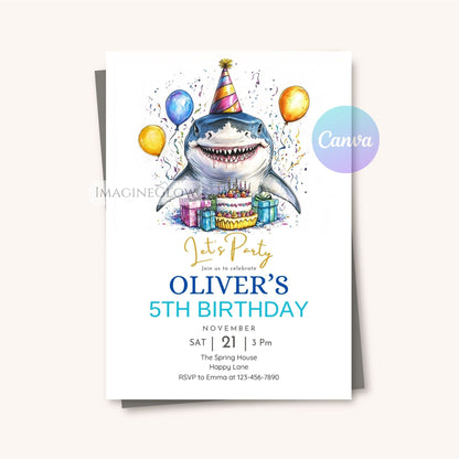 Birthday invitation card with a shark character and party elements on a white background