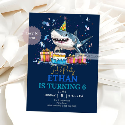 shark birthday invitation
editable shark party invite
