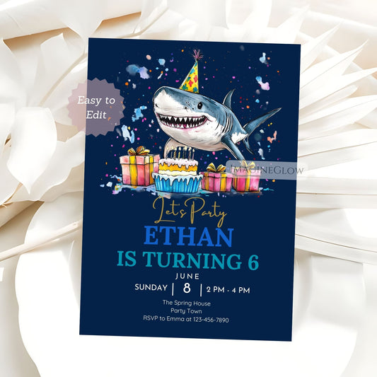 shark birthday invitation
editable shark party invite

