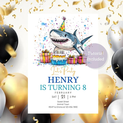 Shark-themed ocean birthday invite for a fun celebration.
