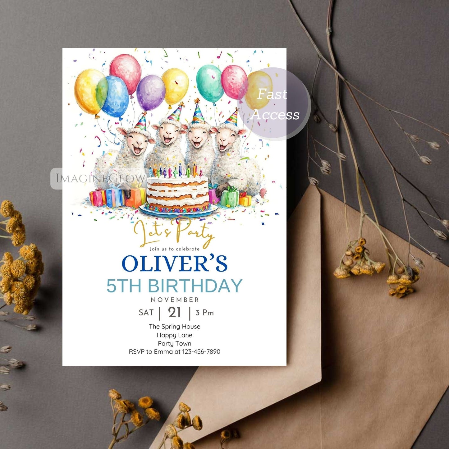 Sheep birthday invitation for kids
Farm animal party invitation with sheep
