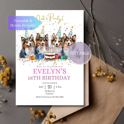 Shetland Sheepdog dog birthday invitation template with customizable party details