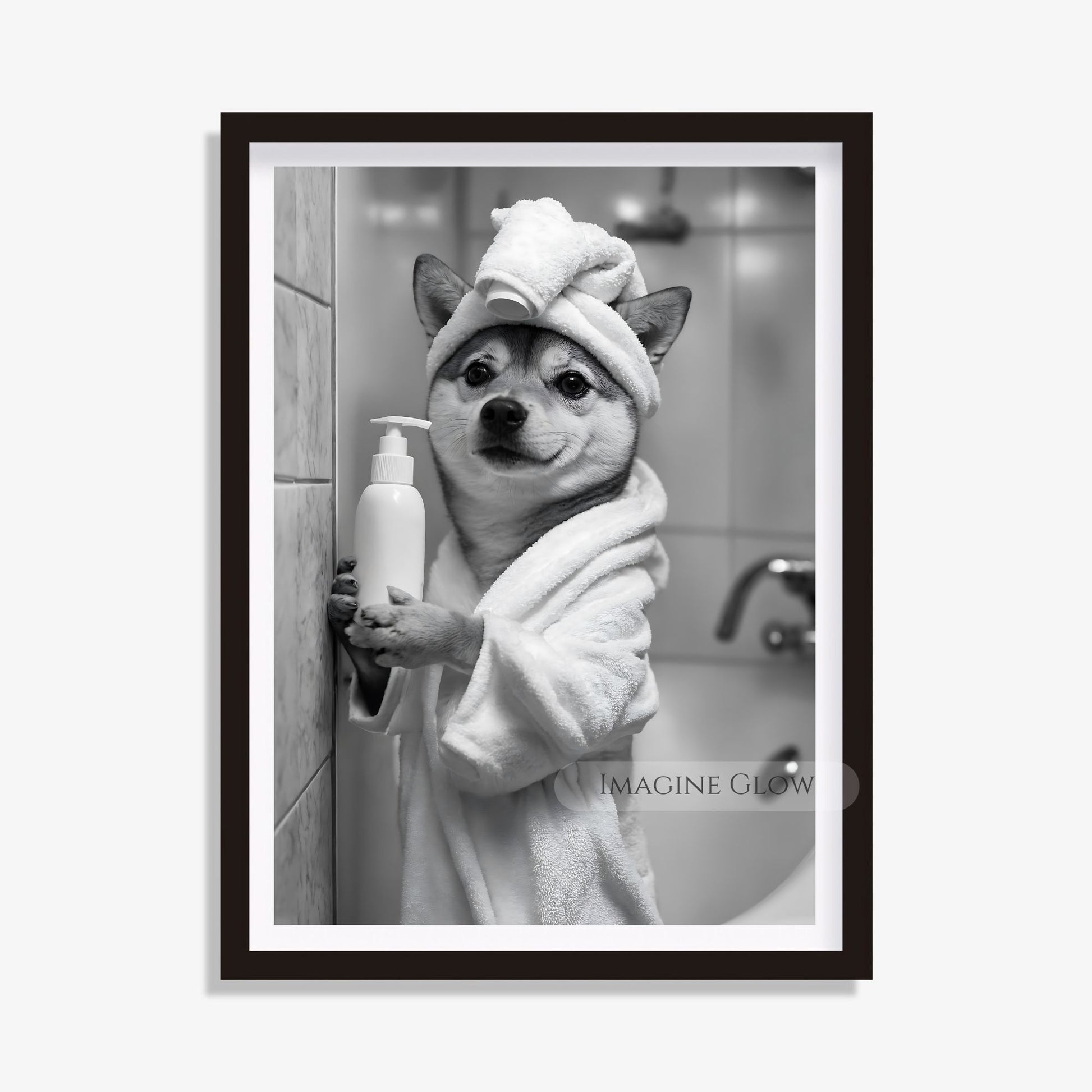 Funny Shiba Inu dog in a bathrobe, black-and-white bathroom art
