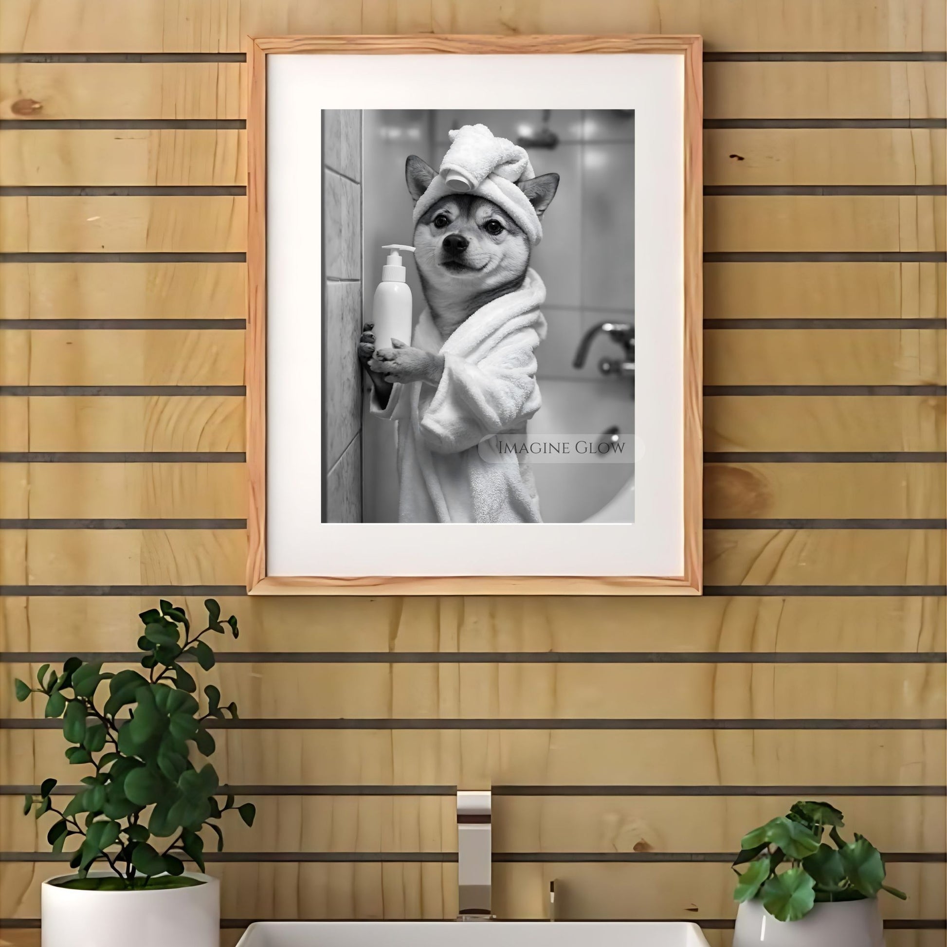 Funny bathroom art with Shiba Inu dog in bathrobe style
