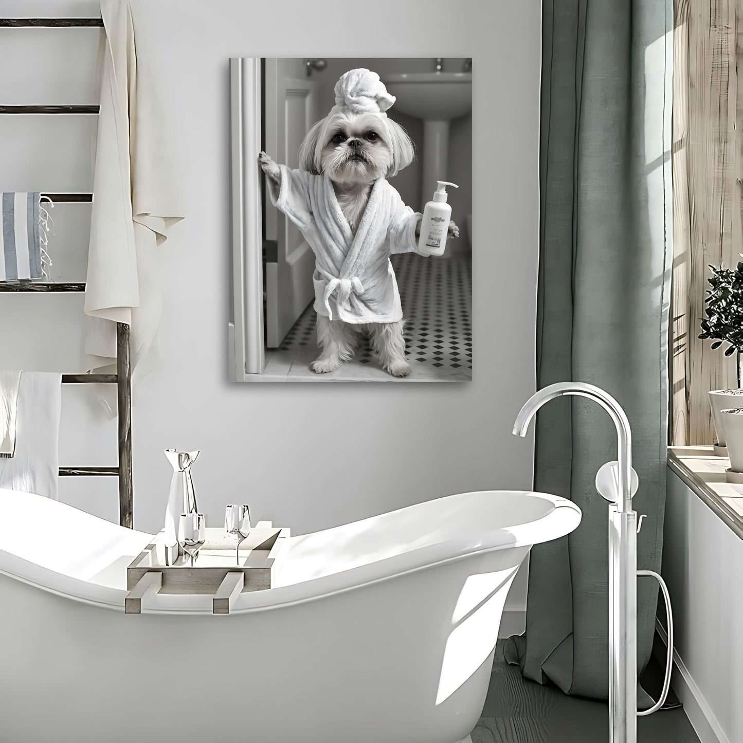 Bathtime art featuring a Shih Tzu in a tub for washroom decor.
