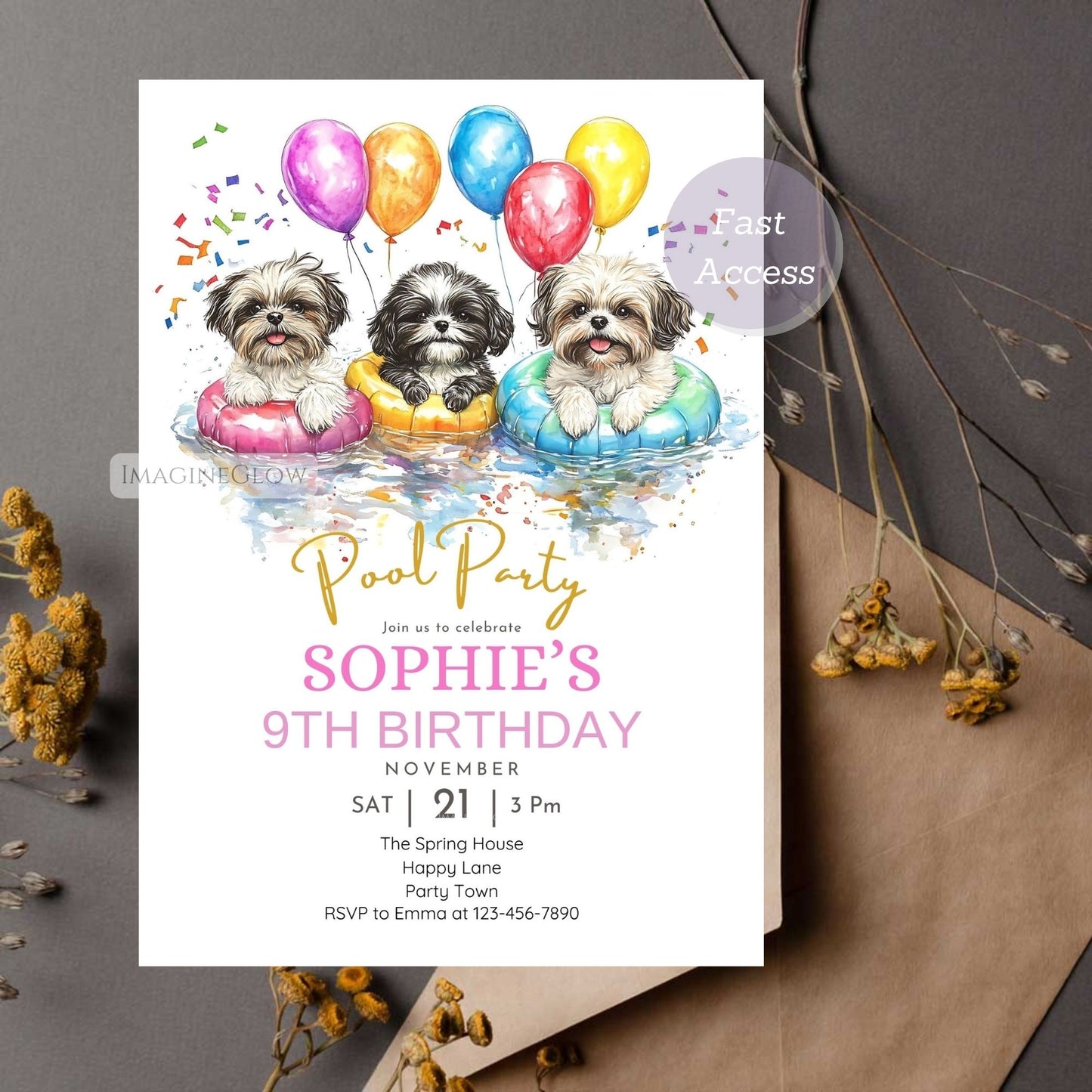 Fun water-themed birthday invitation with a playful Shih Tzu.
