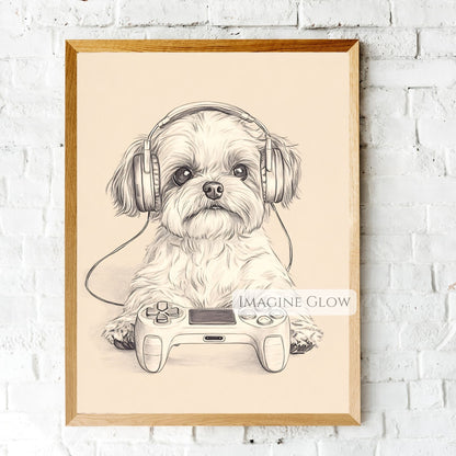 Gamer dog holding a controller wall art
