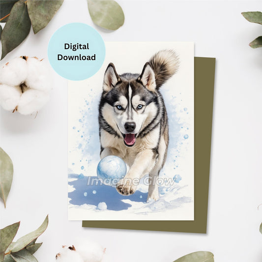 Siberian Husky Christmas card with winter holiday theme