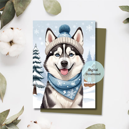 Digital download card with a husky dog wearing a winter hat and scarf on a snowy background.