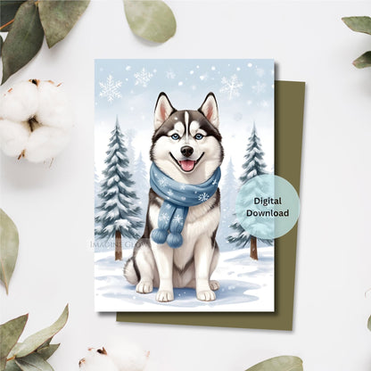siberian husky christmas card winter holiday design
printable husky christmas card digital download
