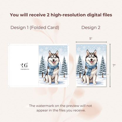 husky christmas card for dog lovers
digital siberian husky christmas greeting
adorable husky holiday card printable
