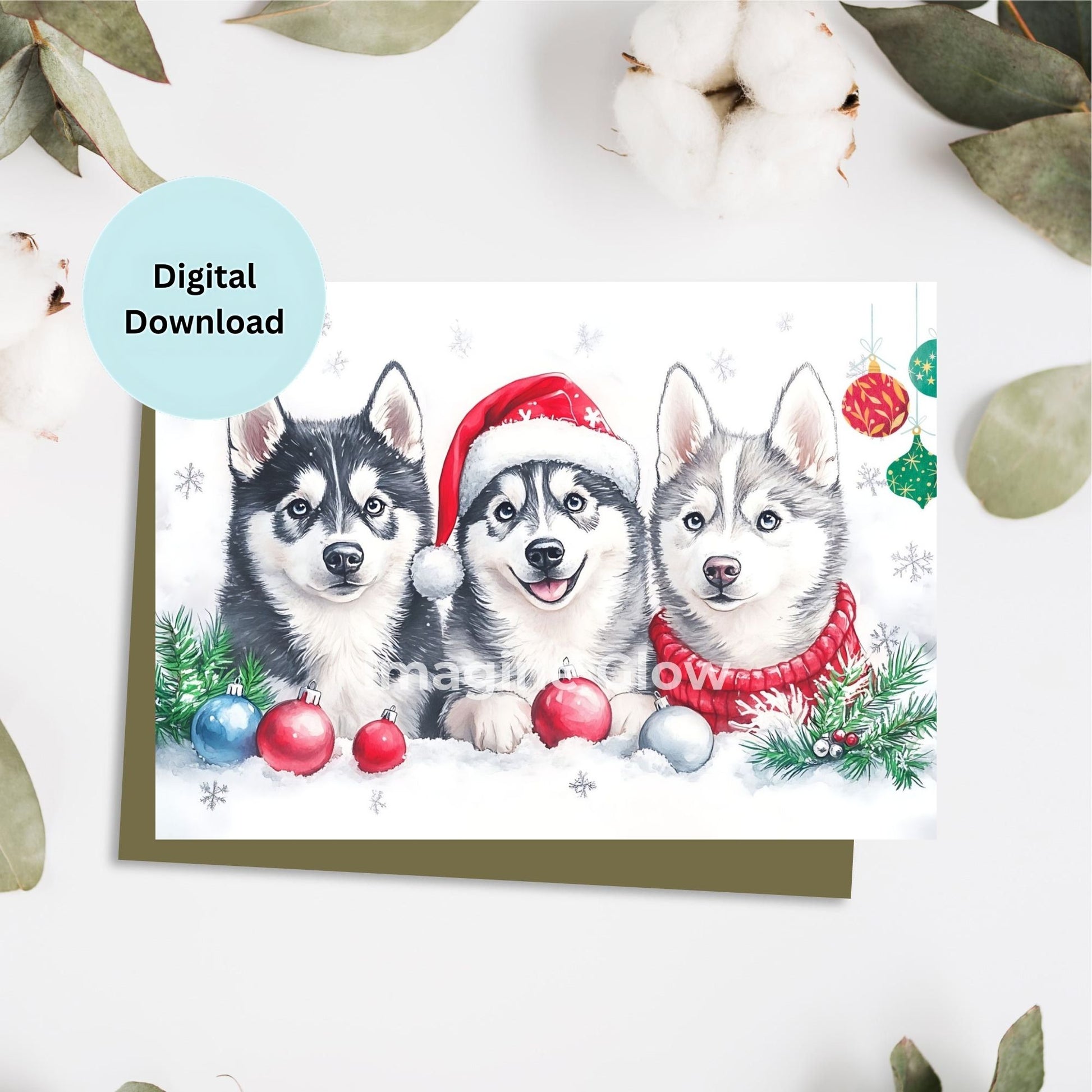 Festive Siberian Husky Christmas card with holiday design