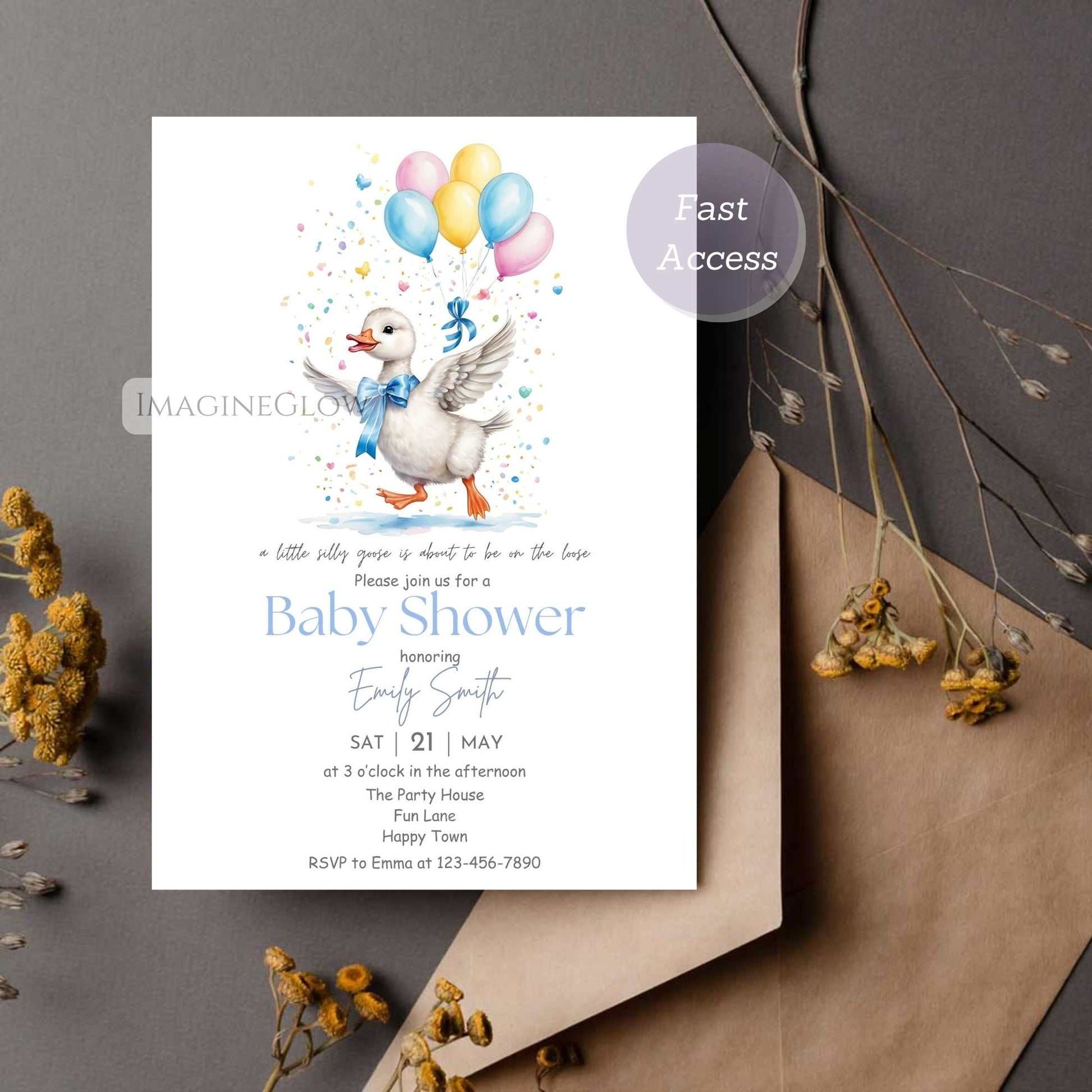 rustic baby shower invitation with silly goose
countryside baby shower invite for baby boy