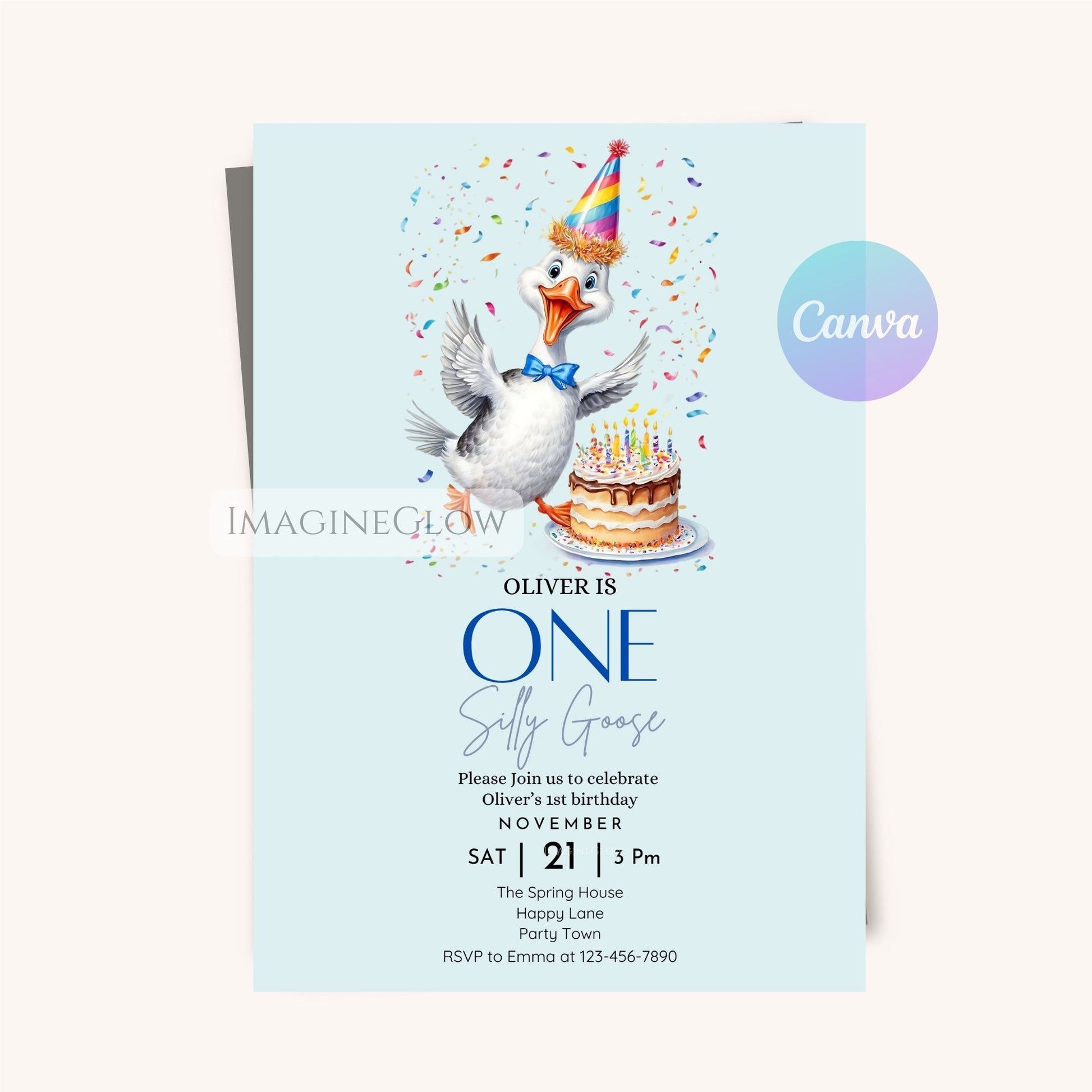 Goose party invitation for baby boy’s 1st birthday
