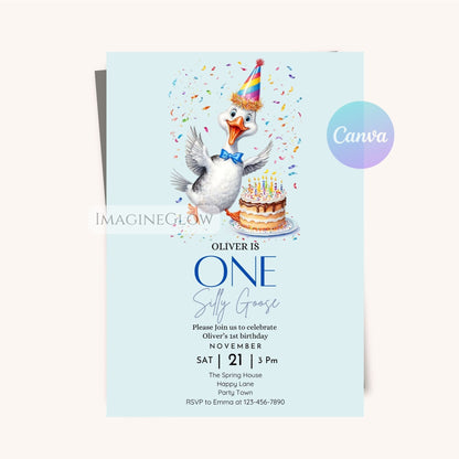 Goose party invitation for baby boy’s 1st birthday
