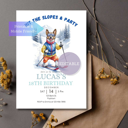 Skiing dog birthday invitation template with editable party details.