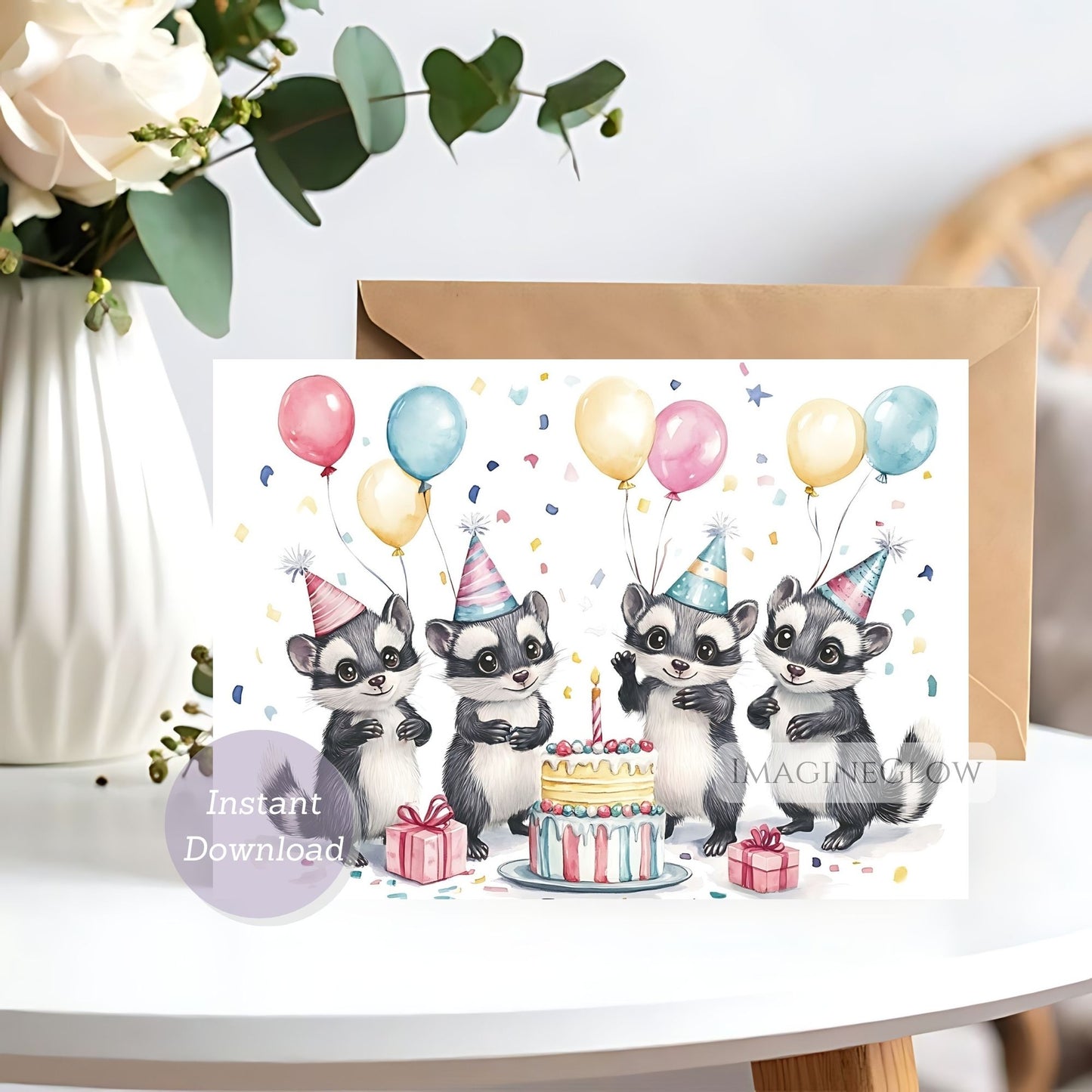 skunk birthday party card
birthday card with skunk illustration
