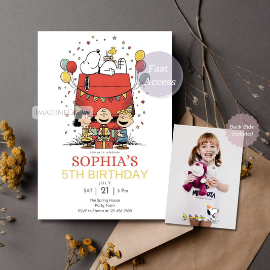 snoopy birthday invitation digital download
peanuts party invite template printable
editable snoopy birthday invite front and back
snoopy birthday invitation with photo space