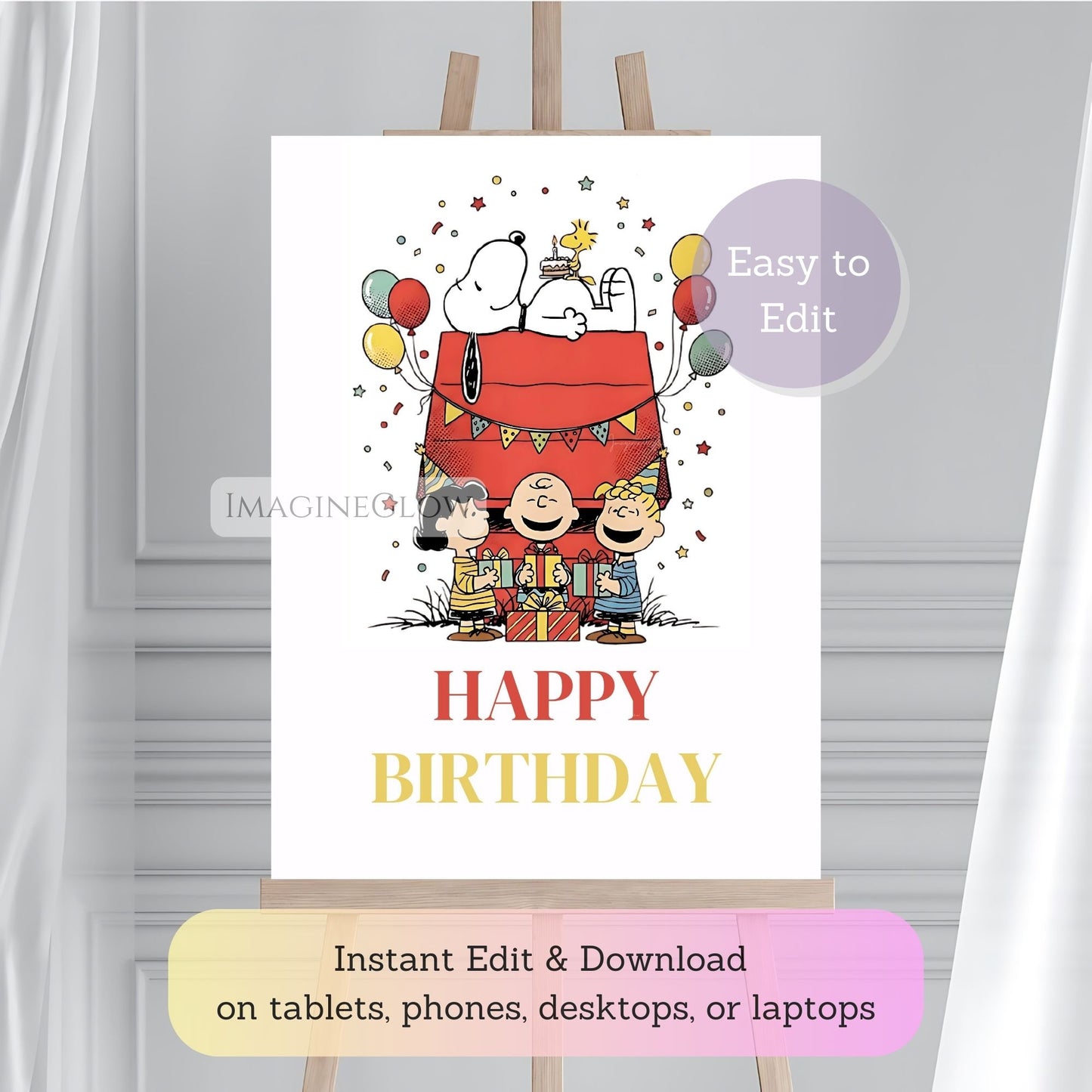 editable snoopy birthday poster
cartoon birthday welcome sign
peanuts party decoration sign