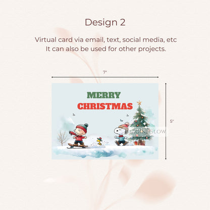 Christmas-themed virtual card with cartoon characters and a Christmas tree