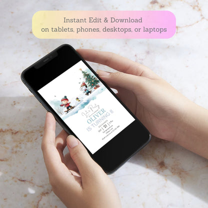 Person holding a smartphone with a Christmas-themed birthday invitation 