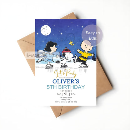 peanuts themed ice skate birthday invitation
