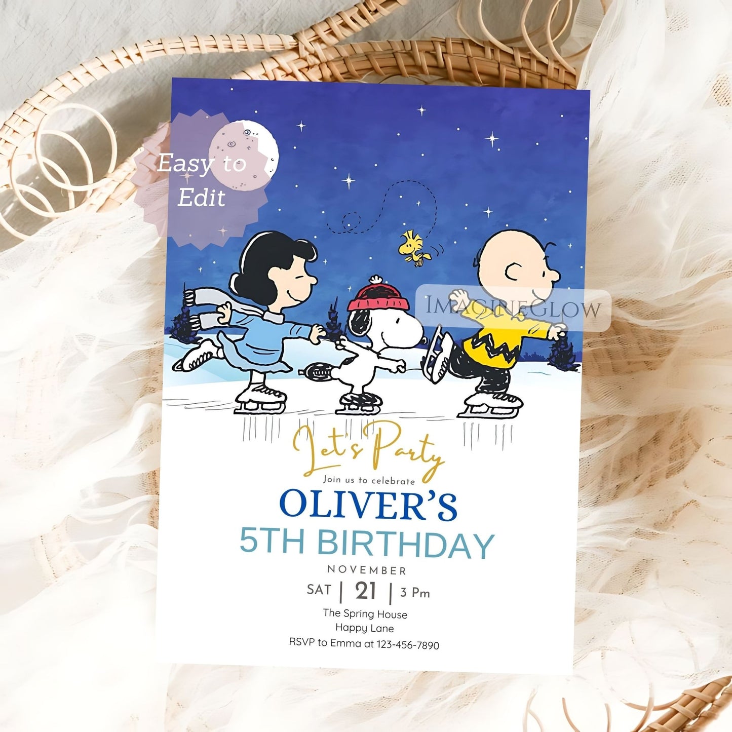 printable snoopy ice skating party invitation

