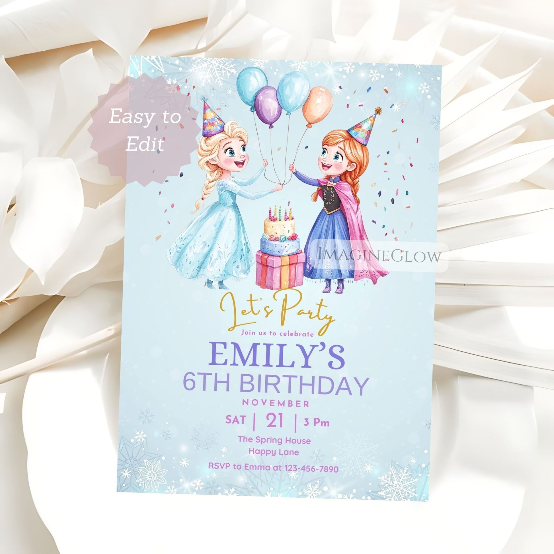 Birthday invitation card with two animated characters, balloons, and a cake on a light blue background.