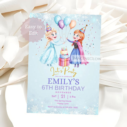 Birthday invitation card with two animated characters, balloons, and a cake on a light blue background.