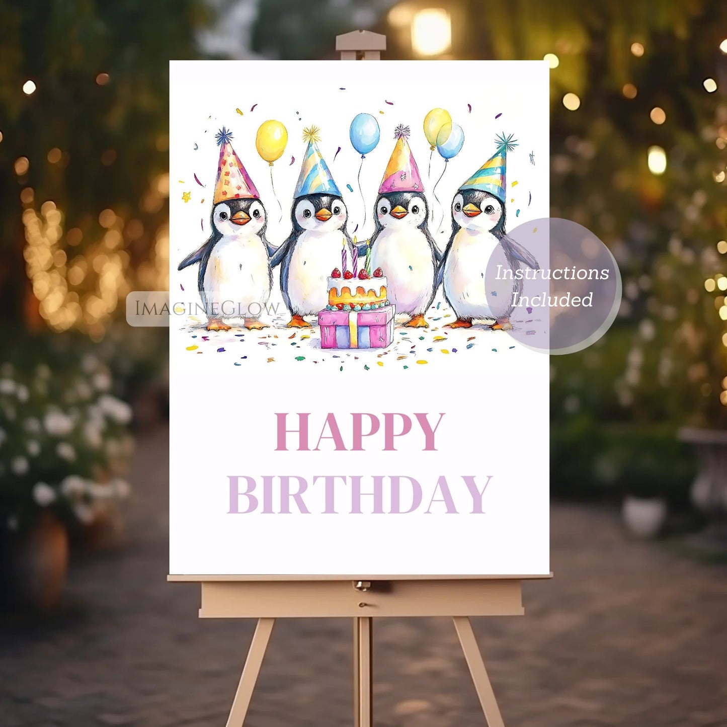 Birthday card with penguins and cake on a stand against a blurred festive background