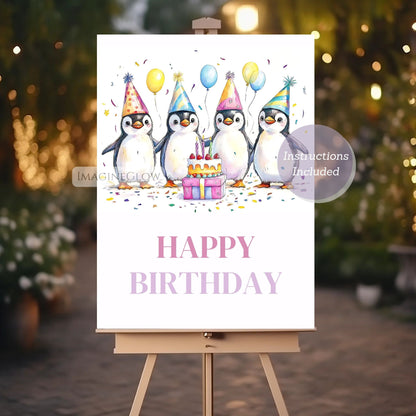 Birthday card with penguins and cake on a stand against a blurred festive background
