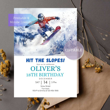 Editable snowboard birthday invitation template for a winter sports-themed party.